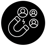 Um ícone preto e branco de um ímã atraindo pessoas.