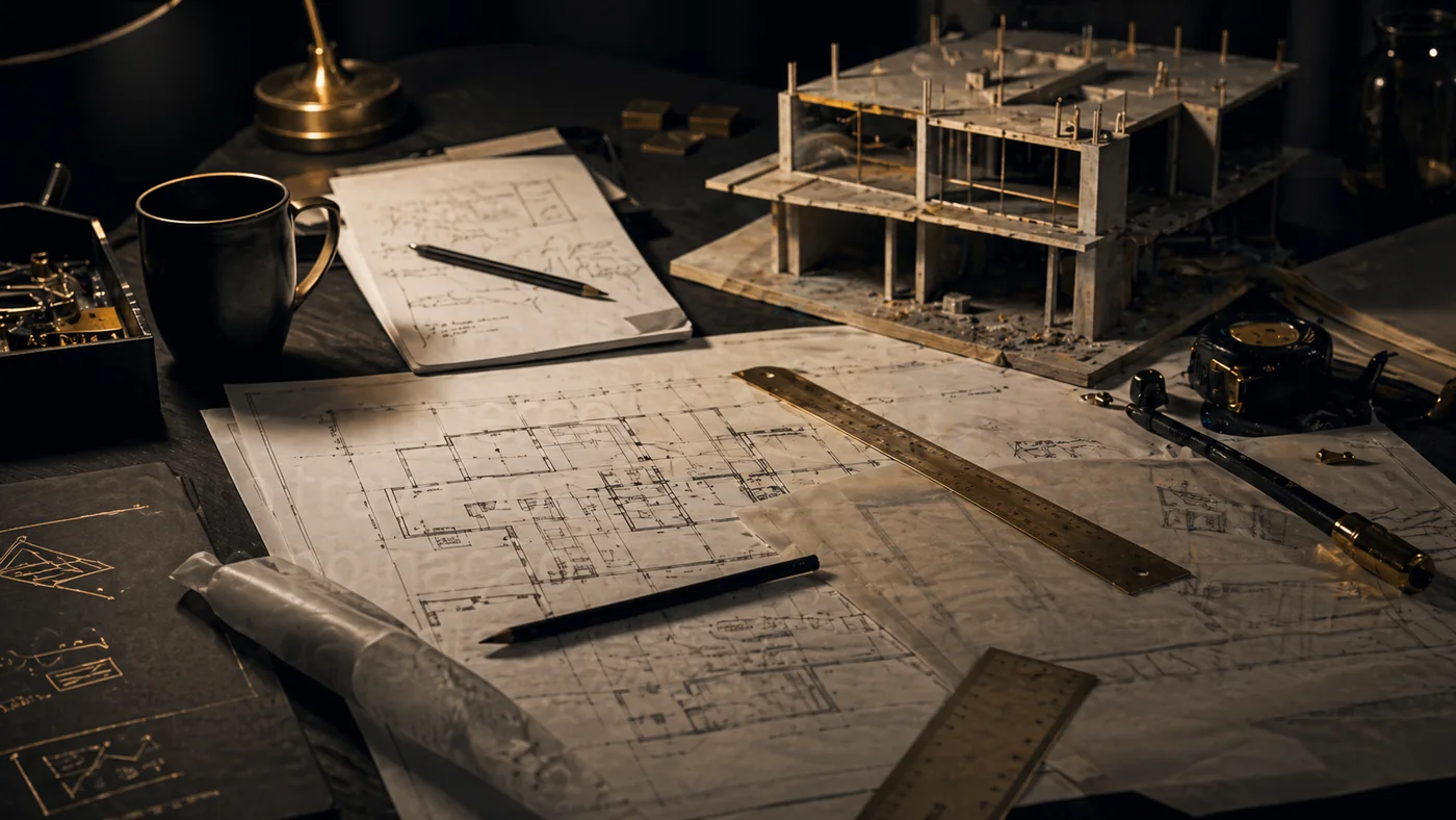 Blueprint e elementos de obra representando execução sem planejamento estratégico